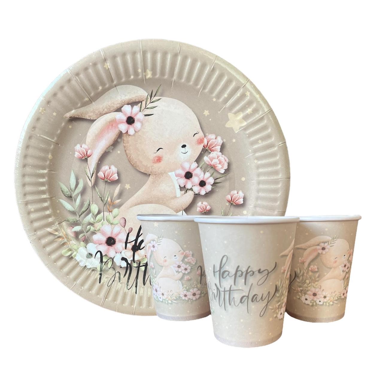 Набір одноразового посуду "Happy Birthday "зайчик, Тарілки -10 шт Стаканчики - 10 шт