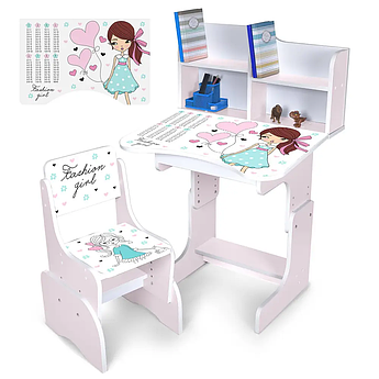 Дитяча регульована парта зі стільцем N 2071-8-7 "Дівчинка" таблиця множення, сакура