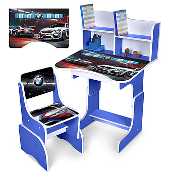 Дитяча регульована парта зі стільцем N 2071-7-4 "Машина BMW" таблиця множення, синя