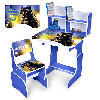 Дитяча регульована парта зі стільцем N 2071-2-4 "Кіт воїн" англ та українська абетка, синя