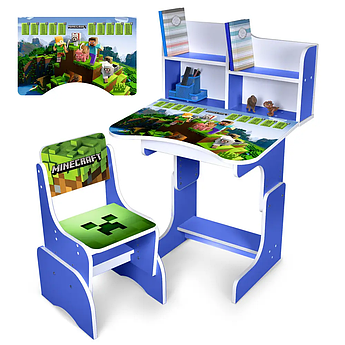 Дитяча регульована парта зі стільцем N 2071-13-4 "Minecraft Майнкрафт" таблиця множеня, синя