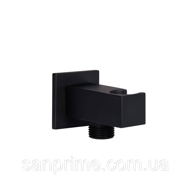 Підключення з тримачем для шланга Qtap Spojeni прямокутне QTCRBBH025 Black Matt, фото 1
