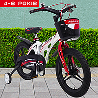 Дитячий Двоколісний Велосипед від 4 - 6 років з Додатковими Бічними Колесами з Дисковими Гальмами Mars - 16" Білий - Червоний