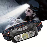 Налобний ліхтарик акумуляторний LED, із сенсором 2 режими роботи, перезаряджуваний micro usb