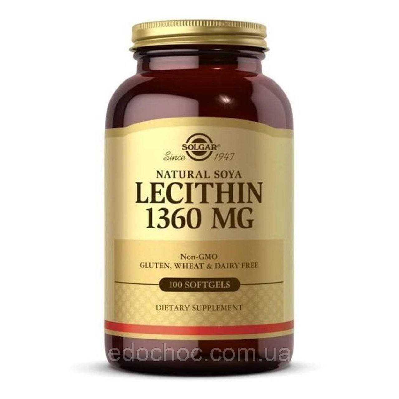 Лецитин Солгар невибілений (Natural Soya Lecithin) 1360 мг 100 капсул SOL-01540, фото 1