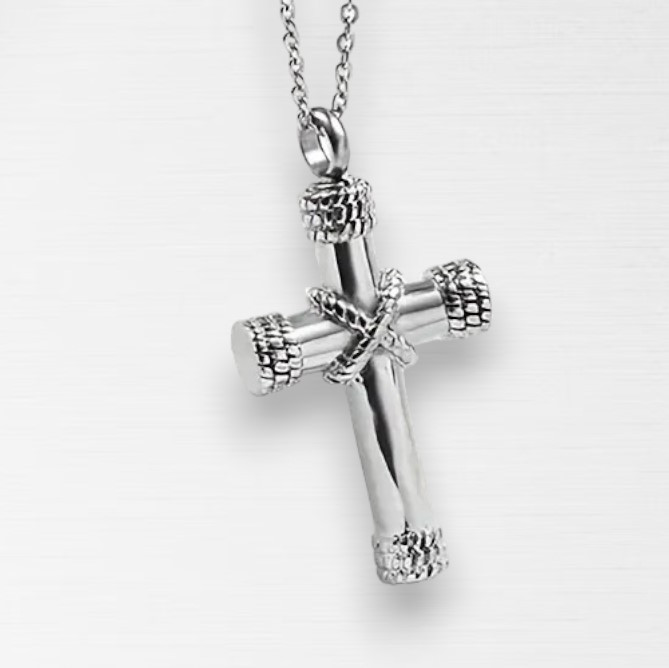 Срібляста підвіска Хрестик у формі давнього хреста з мотузками 3 см на ланцюжку 50 см AurumLux945, фото 1