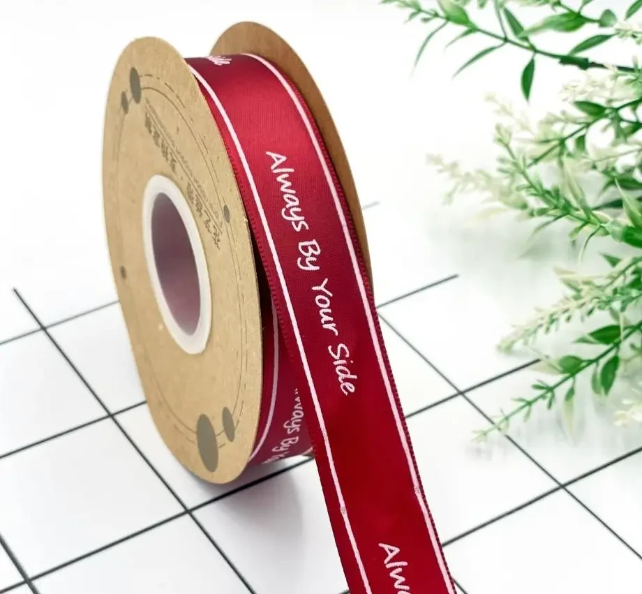 Стрічка атласна з принтом "Аlways by your side" 2,5 см (1 м), бордова