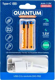 Акумулятор Li-ion 10440 AAA/HR03 1.5V з роз'ємом Type-C для заряджання 550mAh 2 шт. Quantum