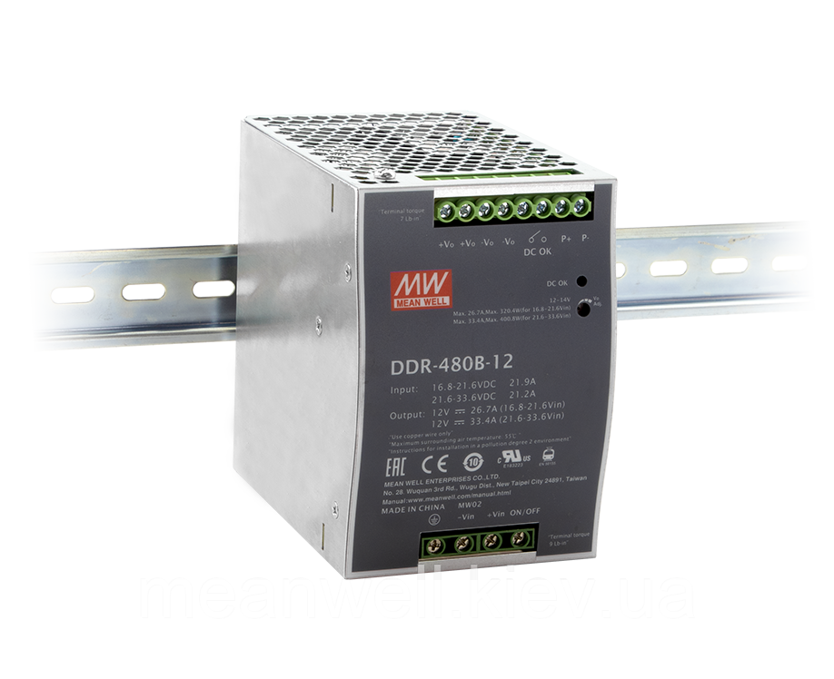 DDR-480B-24 Блок живлення Mean Well DC DC перетворювач на Din-рейку вхід 16.8 ~ 33.6VDC, вихід 24 в, 20A