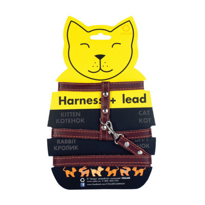Шлея для котів Collar з повідцем шкіряна Ш 12 мм Д 122 см коричнева (05466)