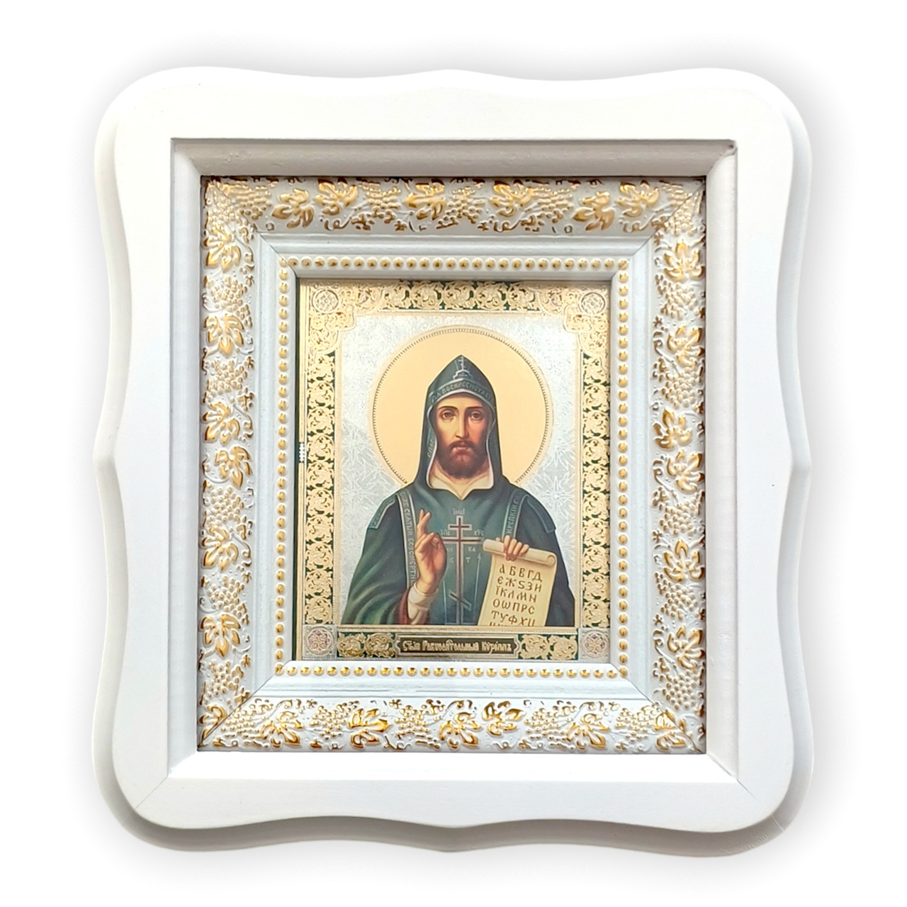 Ікона Кирило рівноапостольний святий, лик 10х12 см, у білому фігурному дерев'яному кіоті