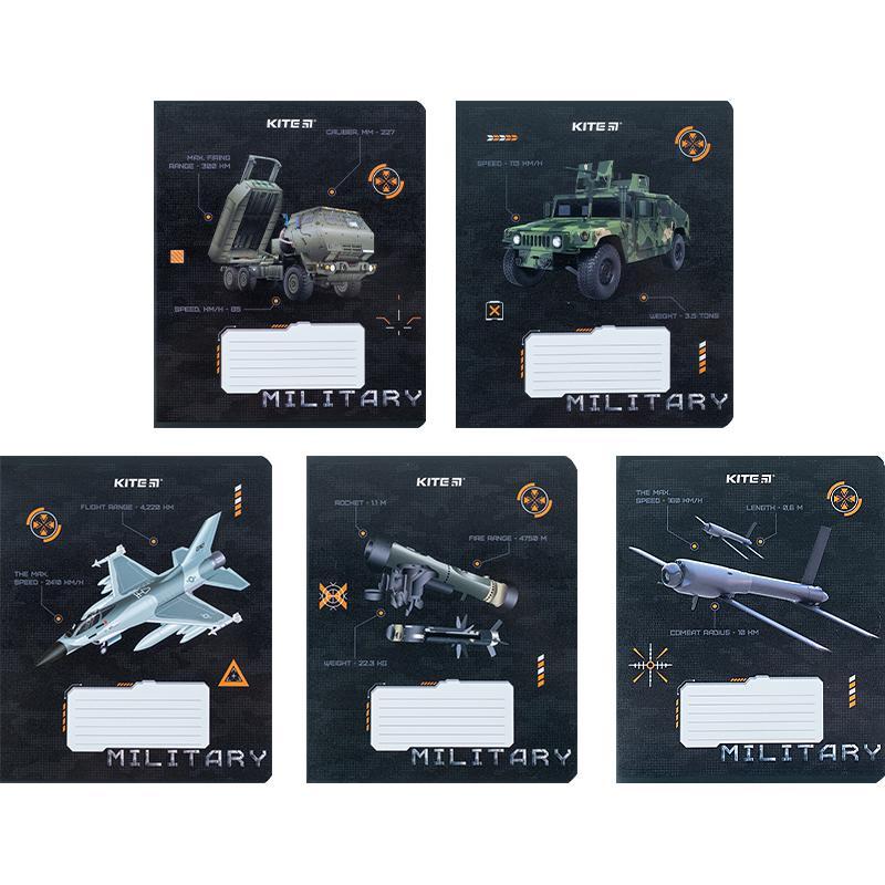 Набір шкільних зошитів 12 аркушів, клітинка, Kite Military (25 штук) k24-232-3