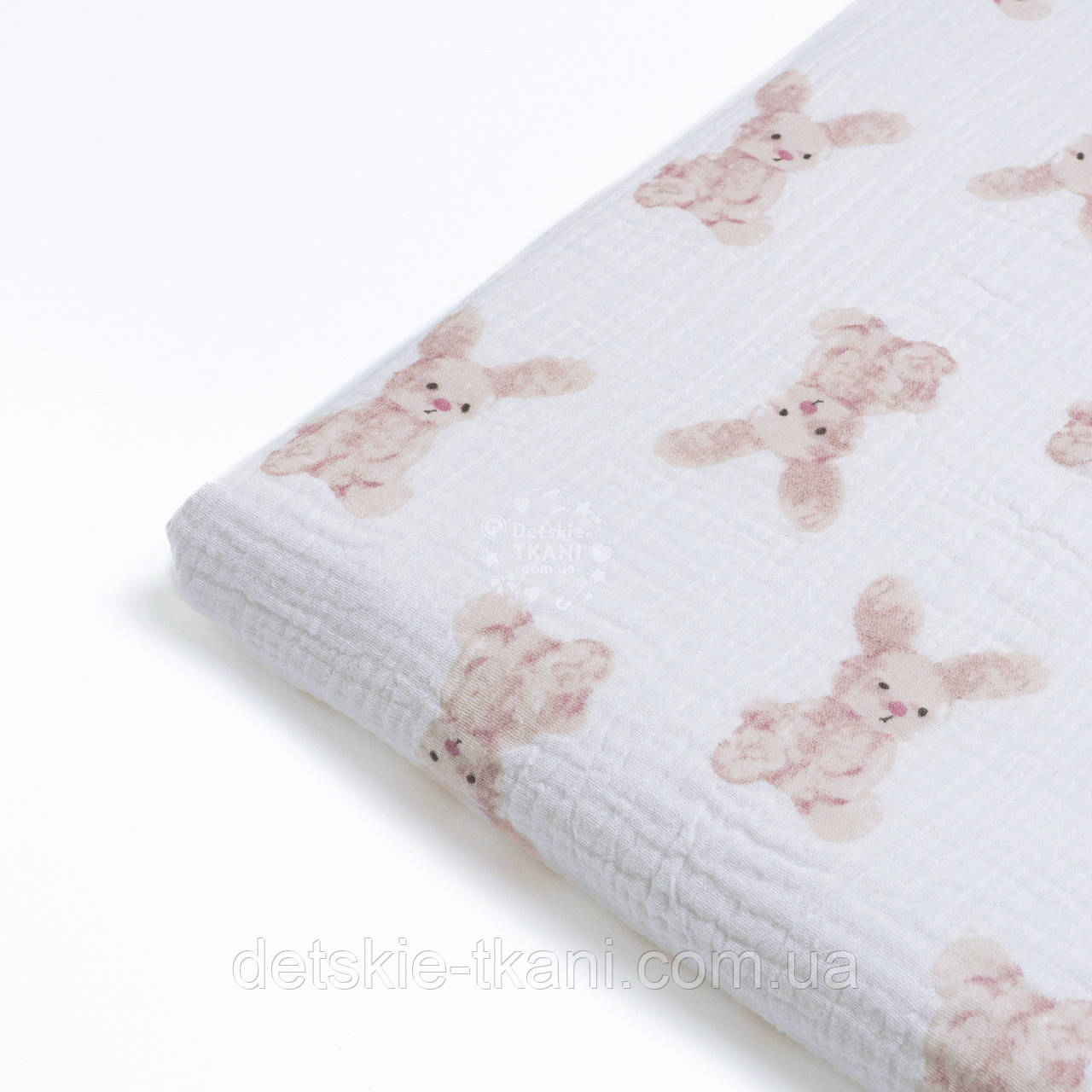 Клаптик двошарового жатого мусліну "Нові бежево-пудрові зайчики 7 см", розмір 48*67 см, фото 1