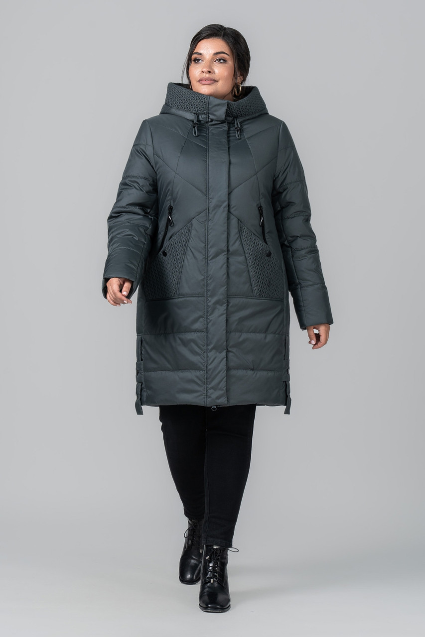 Тепла жіноча подовжена куртка пальто великих розмірів на осінь-зиму, єврозима, утеплювач тінсулейт, фото 1