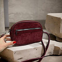 Модний жіночий клатч крос боді сумка через плече бордова замшева містка маленька сумка жіноча