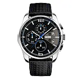 Чоловічий годинник кварцовий на шкіряному ремінці з хронографом Skmei 9106BU Silver-Black-Blue, фото 2