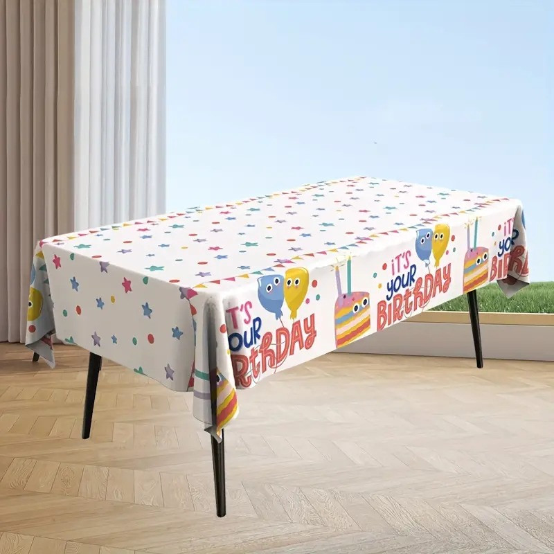 Скатертина святкова фольгована з написом It's Your Birthday Зірочки 137x183см | Білий