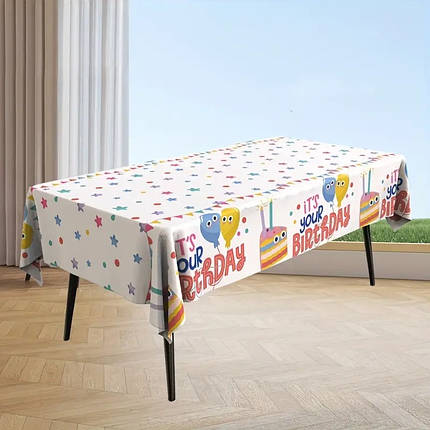 Скатертина святкова фольгована з написом It's Your Birthday Зірочки 137x183см | Білий, фото 1