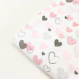 Лоскуток.Фланель "Асорті" коралово-рожеві та сірі серця на білому тлі No Е-1031-1, 43*160 см, фото 6