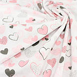 Лоскуток.Фланель "Асорті" коралово-рожеві та сірі серця на білому тлі No Е-1031-1, 43*160 см, фото 3