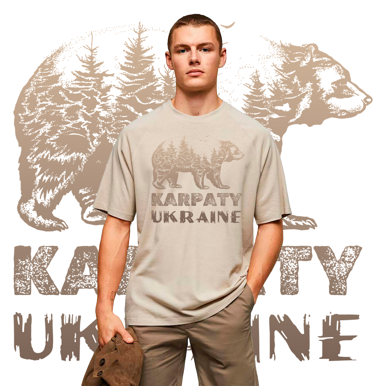 Футболка ПРЕМІУМ унісекс Stedman з принтом КАРПАТИ ВЕДМІДЬ бежева XS, фото 1