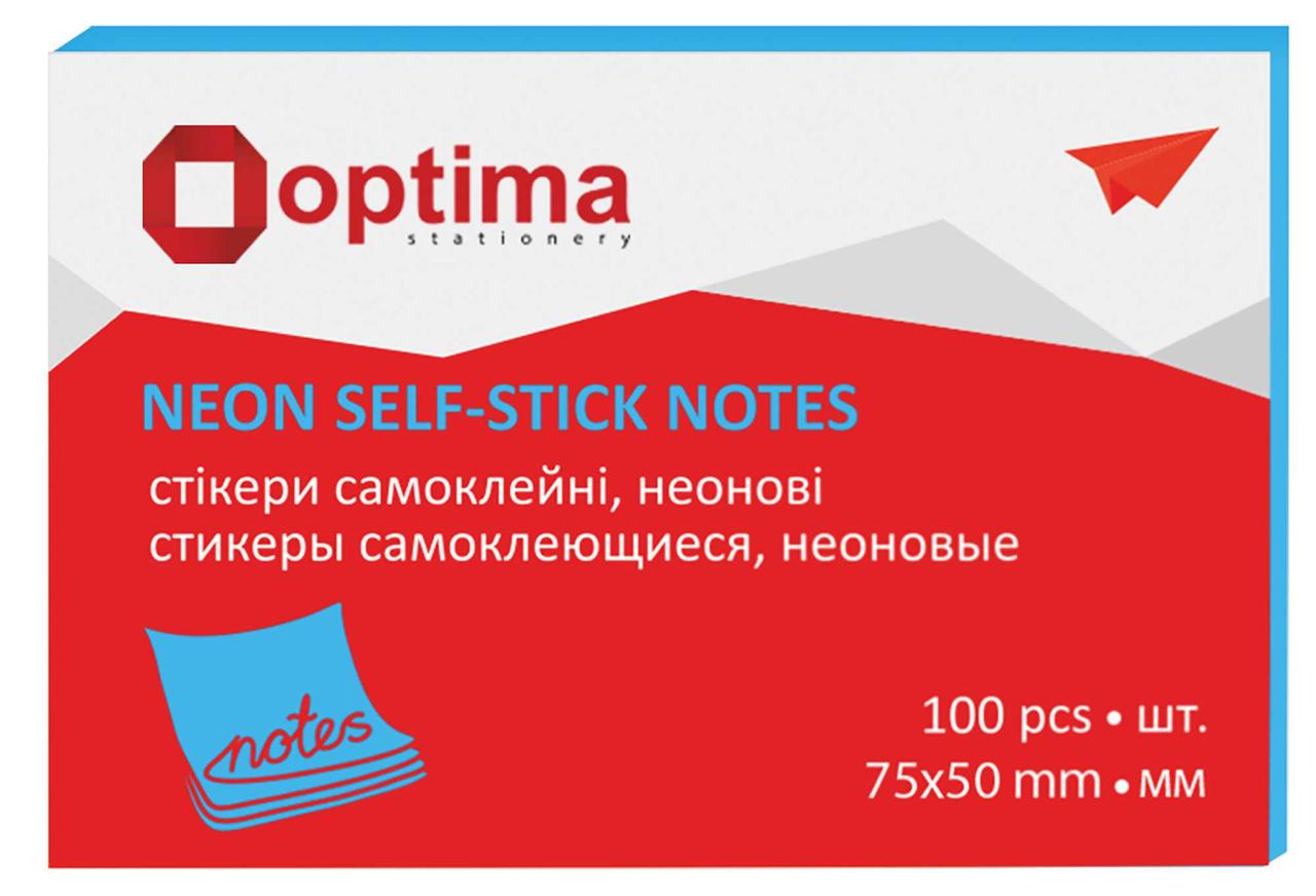 Папір для нотаток 50х75 мм, 100 арк., клеєний, неон, Optima, Арт.55486