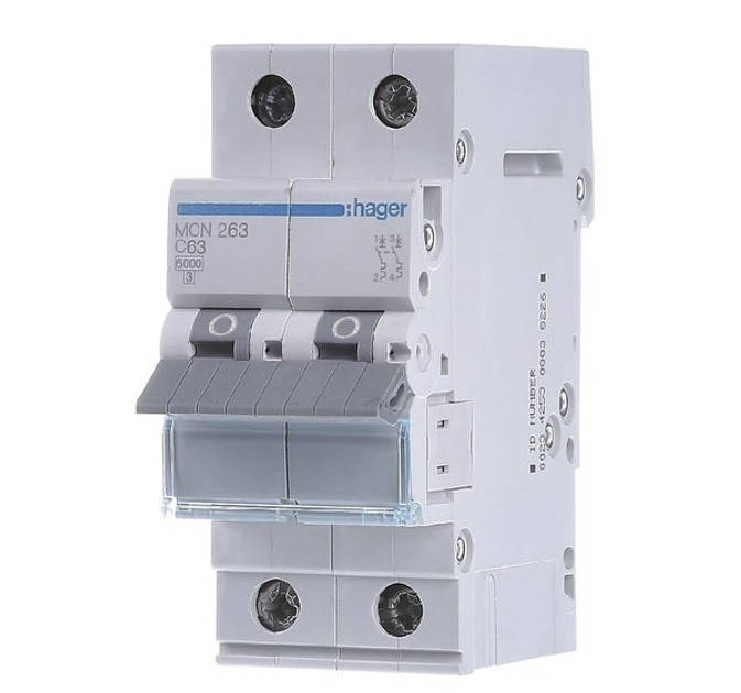 Выключатель автомат 2-фазный на Din-рейку 2P 6 kA C-63A, АС Hager