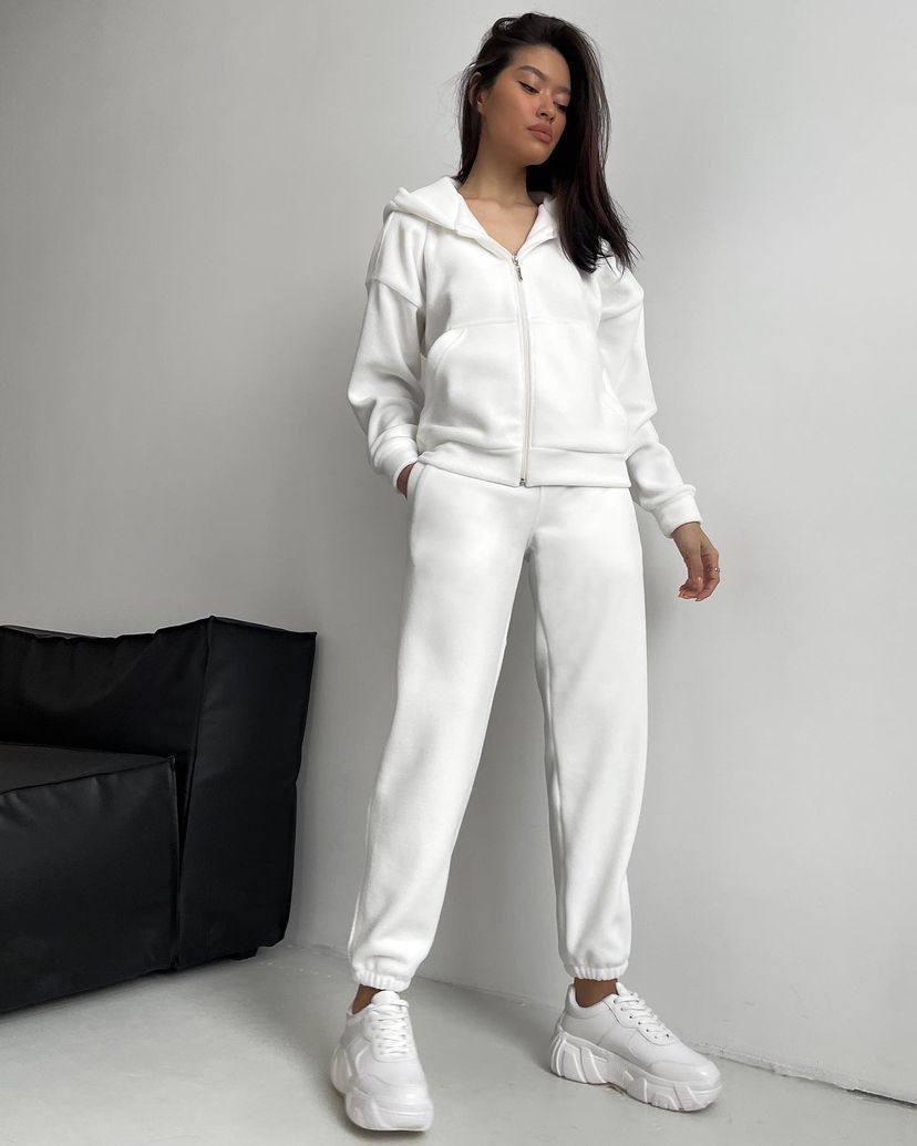 Білий жіночий повсякденний спортивний базовий теплий флісовий костюм 2-ка: Штани та кофта на блискавці з капюшоном, фото 1