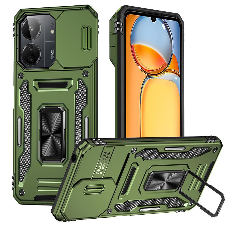Протиударний чохол Camshield Army Ring для Xiaomi Redmi 14C / Poco C75 | Броньований з кільцем-підставкою Оливковий / Army Green, фото 1