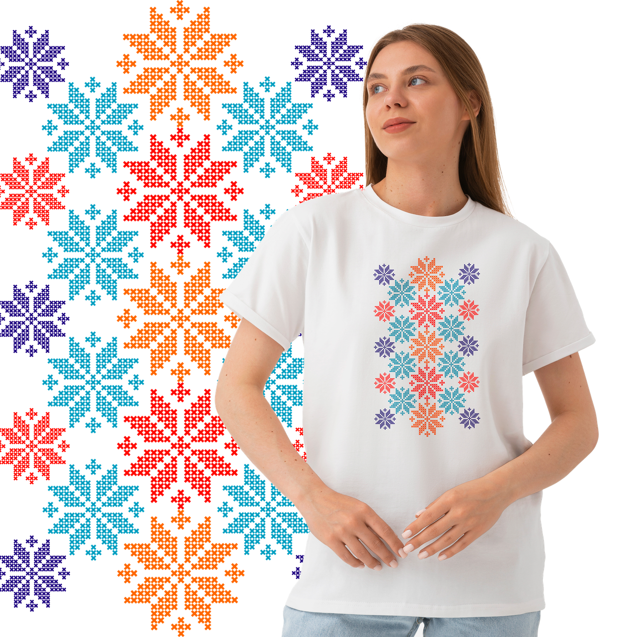 Футболка жіноча унісекс Stedman з принтом ВИШИВКА  ОРНАМЕНТ СНІЖИНКИ КОЛЬОРОВІ XS белая, фото 1