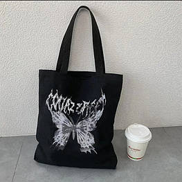Еко сумка шоппер з принтом Метелик 39х34 см (Чорний) - оригінал