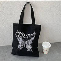 Популярний! Еко сумка шоппер з принтом Метелик 39х34 см (Чорний) - Краща якість тільки на Nukleon.com.ua