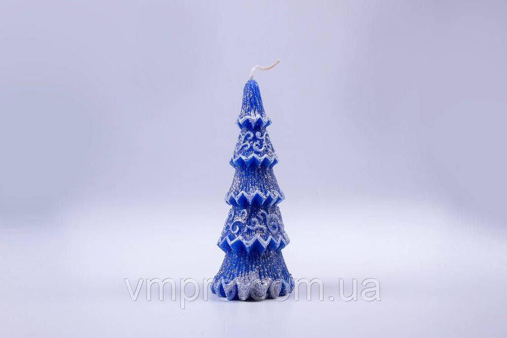 Свічки декоративні, новорічні ялинка, синя з блискітками h — 115 мм