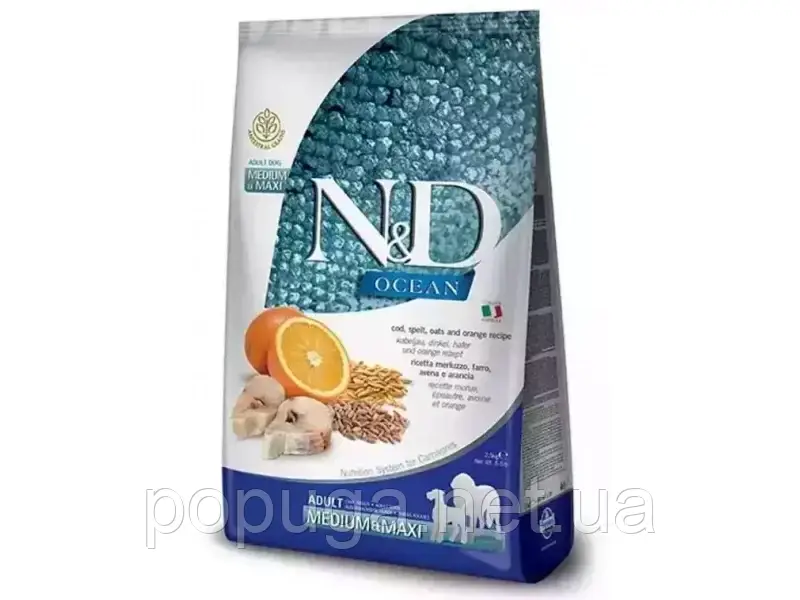 Farmina N&D Grain Free корм для собак середніх і великих порід ТРІСКА, СПЕЛЬТА, ОВЕС та АПЕЛЬСИН 2,5кг