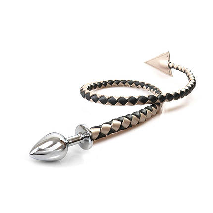 Металева анальна пробка S з диявольським хвостом Art of Sex — Succubus, екошкіра, чорний/золото, фото 1