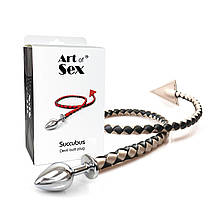 Металева анальна пробка S з диявольським хвостом Art of Sex — Succubus, екошкіра, чорний/золото, фото 4