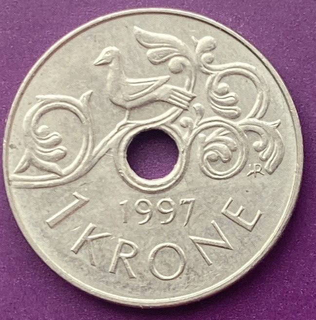 Монета Норвегії 1 крона 1997 г., фото 1