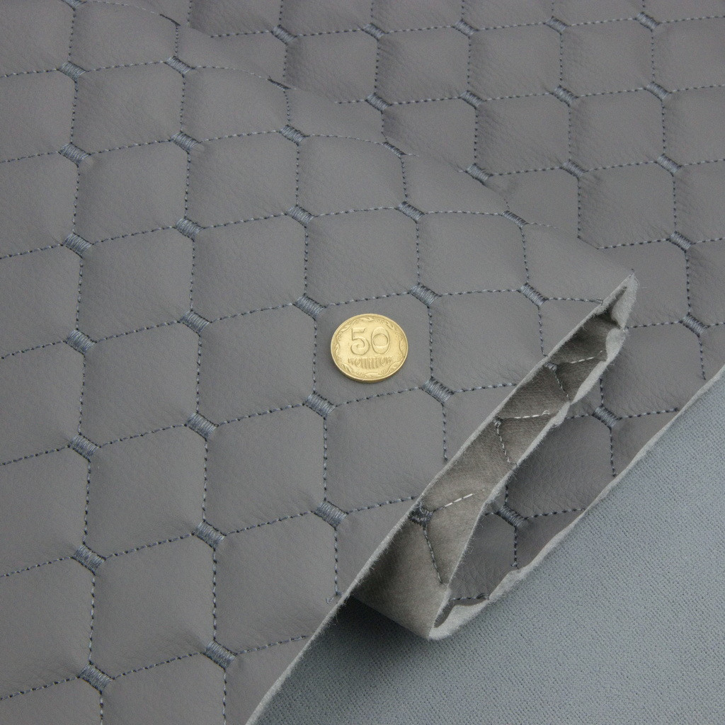 Відріз 1м, Шкірзам стьобаний сірий «Ромб» (прошитий сірою ниткою) дубльований синтепоном і флізеліном шир 1,35 м, фото 1