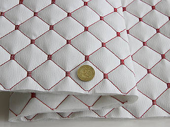 Відріз 0,9м, Шкірзам стьобаний білий «Ромб» (прошитий червоний ниткою) дубльований. синтепоном і флізеліном шир 1,35 м