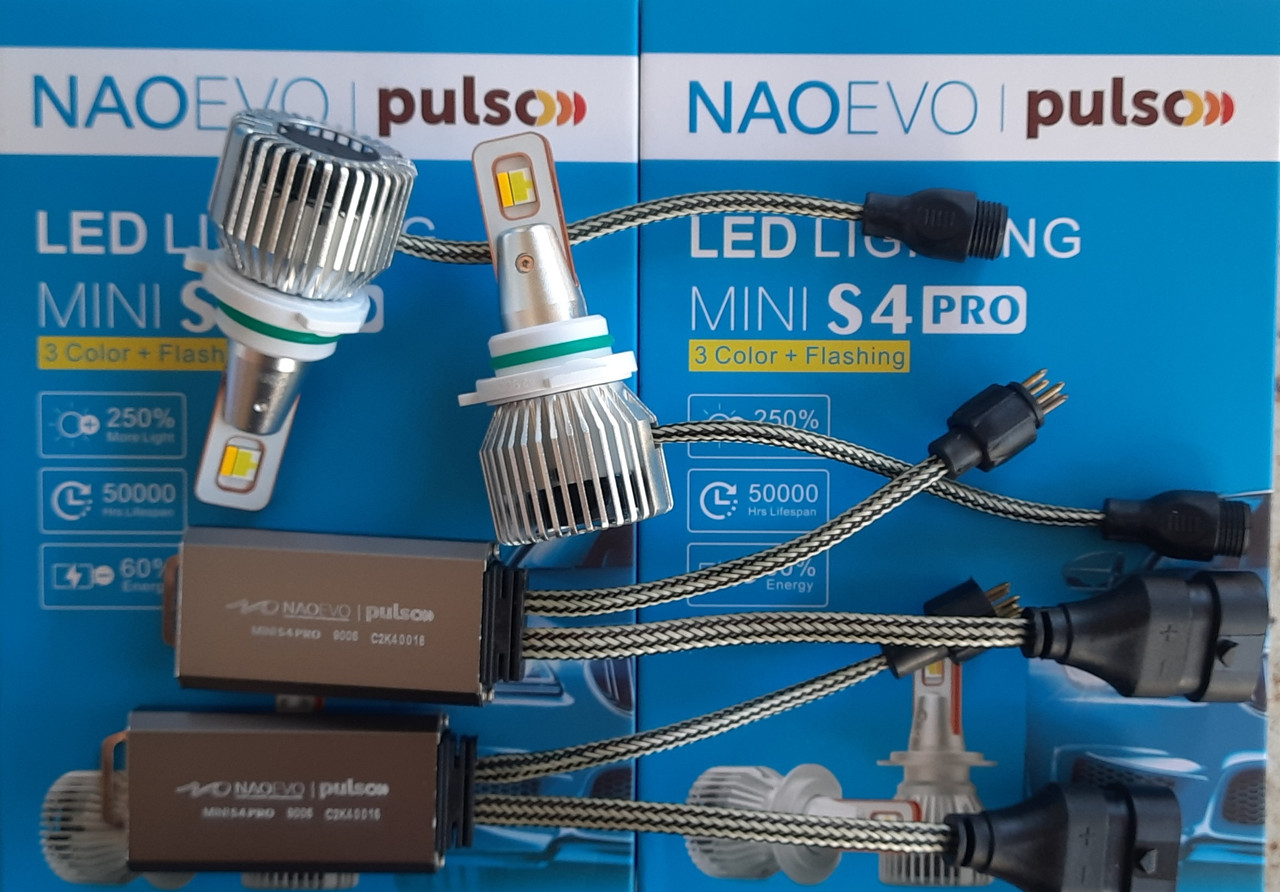 КОМПЛЕКТ: LED-лампи Pulso NAOEVO S4 HB4 9006 3000K/4300K/6500K Flip Chip/9-16V/30W/3600Lm 3-колірні жовто-білий