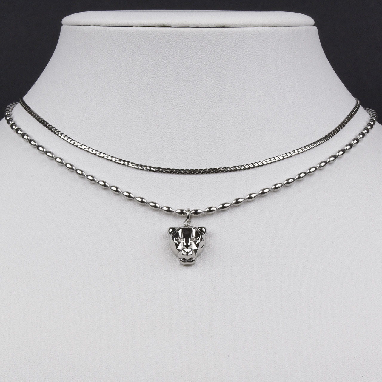 Ланцюг із кулоном сріблястого кольору Stainless Steel тигр два ланцюги застібка карабін з подовжувачем довжина 50-55 см