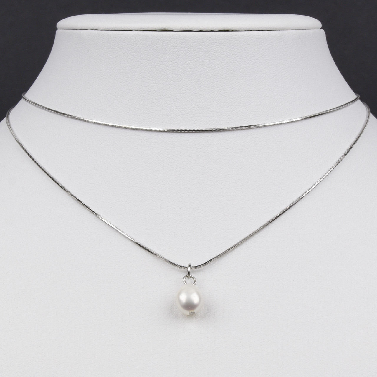 Ланцюг снейк із кулоном двошарова сріблястого кольору Stainless Steel з перлинкою застібка карабін довжина 50 см