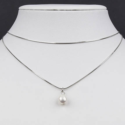 Ланцюг снейк із кулоном двошарова сріблястого кольору Stainless Steel з перлинкою застібка карабін довжина 50 см, фото 1