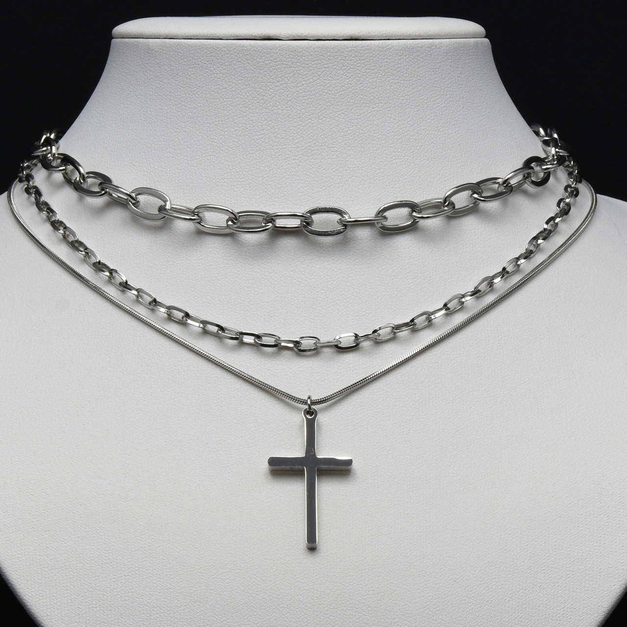 Ланцюжок потрійний якорний + снеик з кулоном хрестиком срібло сталь 316 L довг 50-55-60 см тлщн 1-4-7 мм