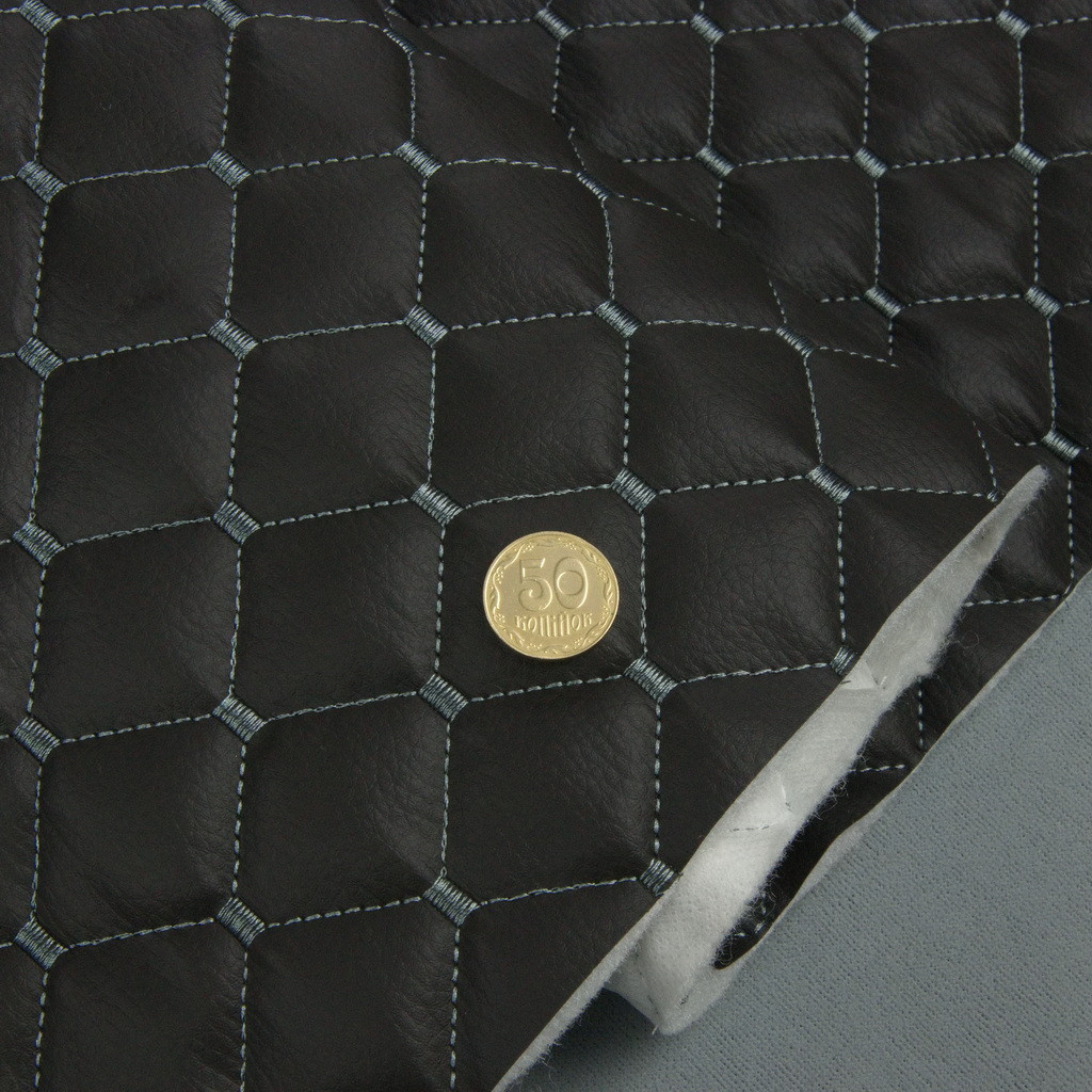 Відріз 1,4м, Шкірзам стьобаний чорний «Ромб» (прошитий сірою ниткою) дубльований синтепоном і флізеліном шир 1,35 м, фото 1