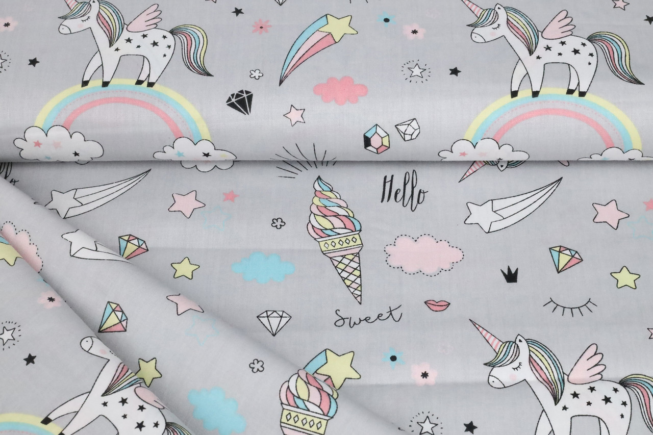 Сатин-твіл Єдинороги дрібні на сірому (залишок 1.90+1.25 мп)