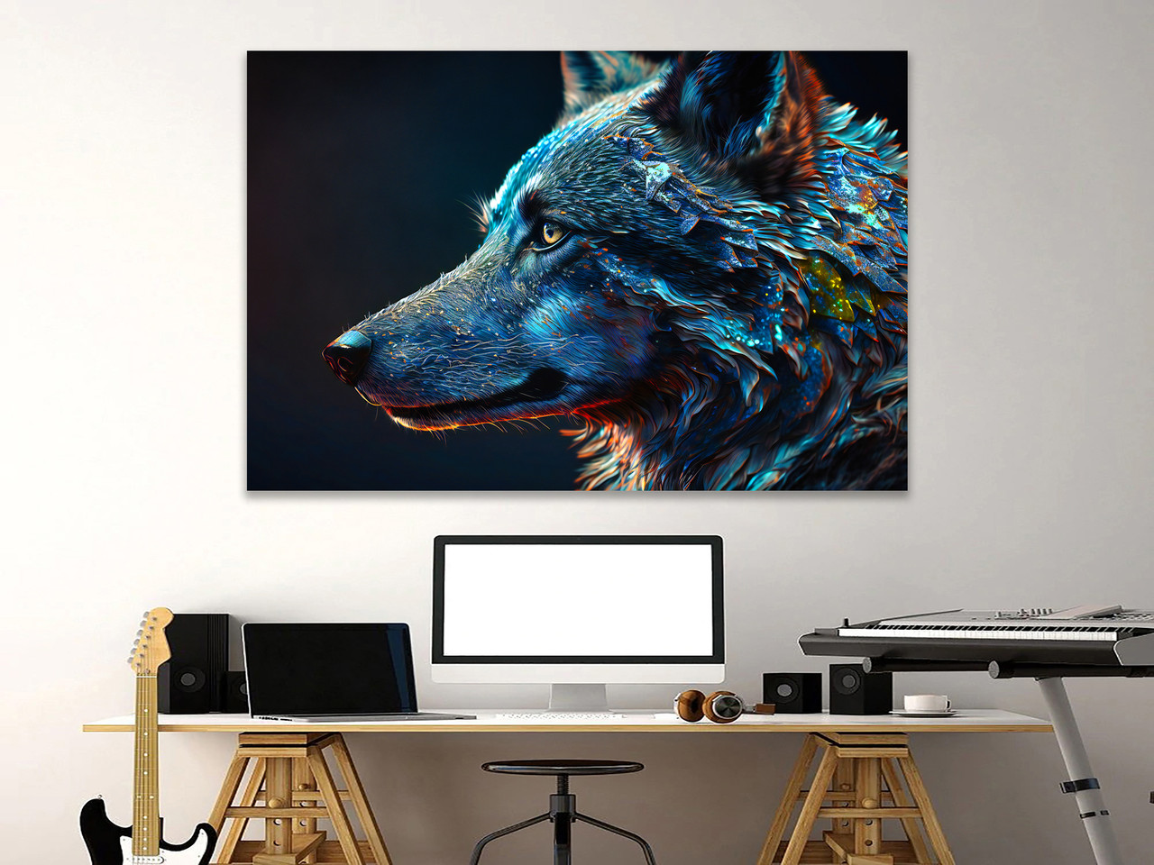 Дизайнерська картина на полотні з пейзажем "Космічний вовк" , декор для дому, фото 1