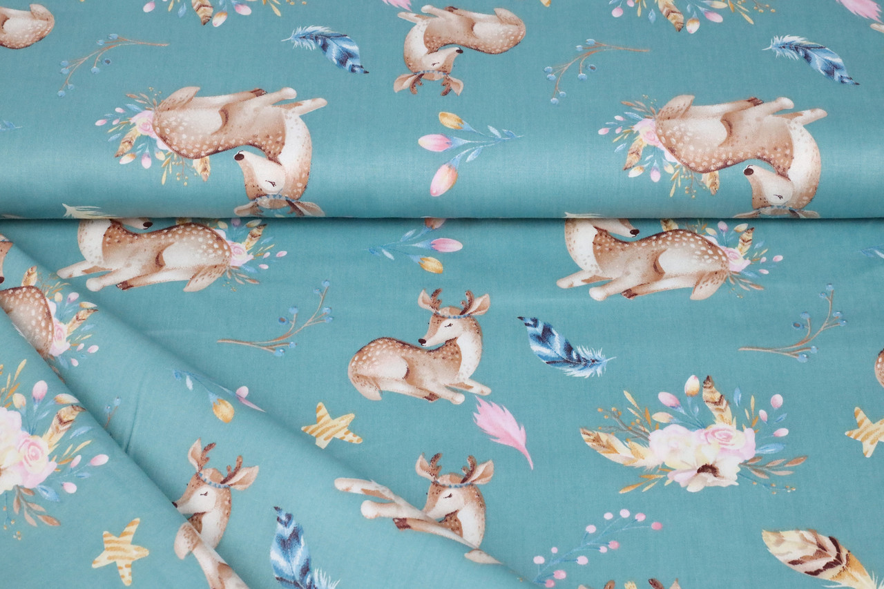Сатин-твіл Олені на пильно-бірюзовому