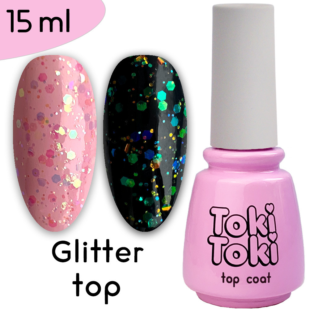 Декоративний топ для нігтів без липкого шару Toki-Toki Glitter Top, 15 мл, фото 1