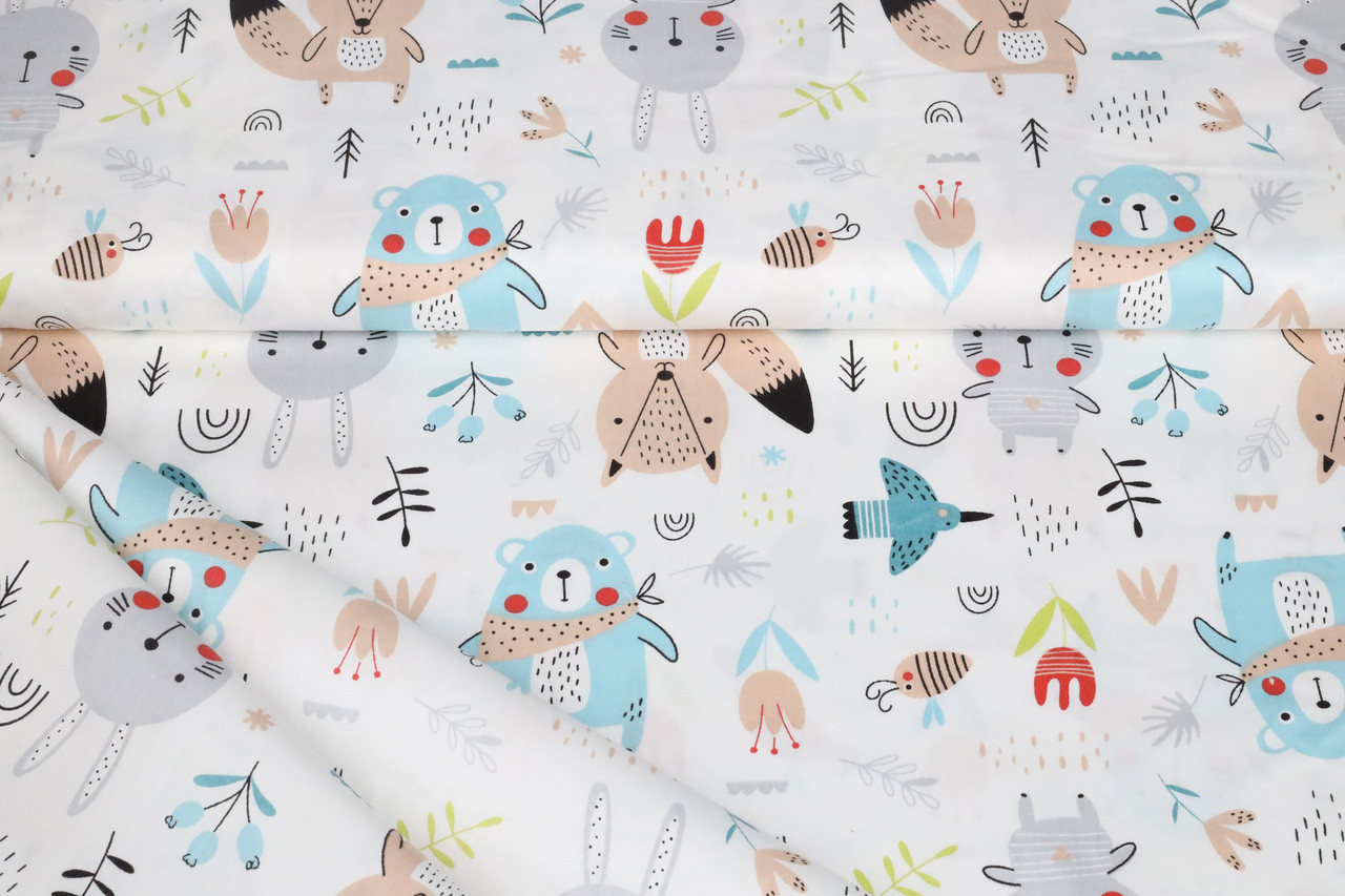 Сатин-твіл Звірята квіточки (блакитні)